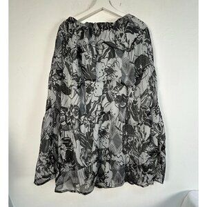 Passports Womens Black & Gray Floral Print Tiered Midi Skirt Large Pull-On Boho